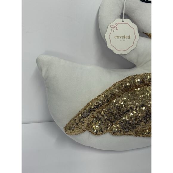 White Plush Swan Shaped Accent Pillow Gold Sequins NWT Coveted Home Decor - Picture 5 of 9